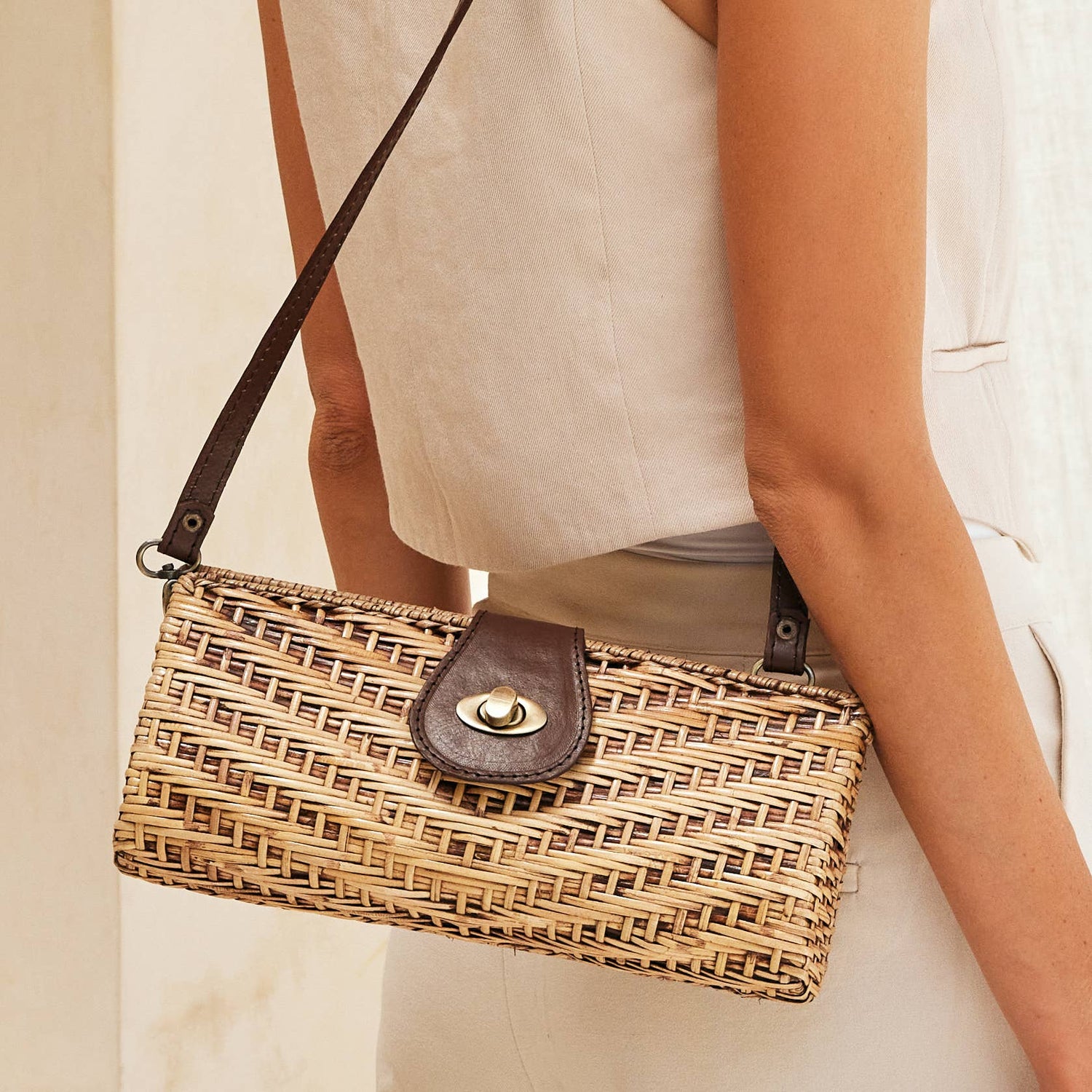 Rattan Convertable Clutch with Removable Leather Strap