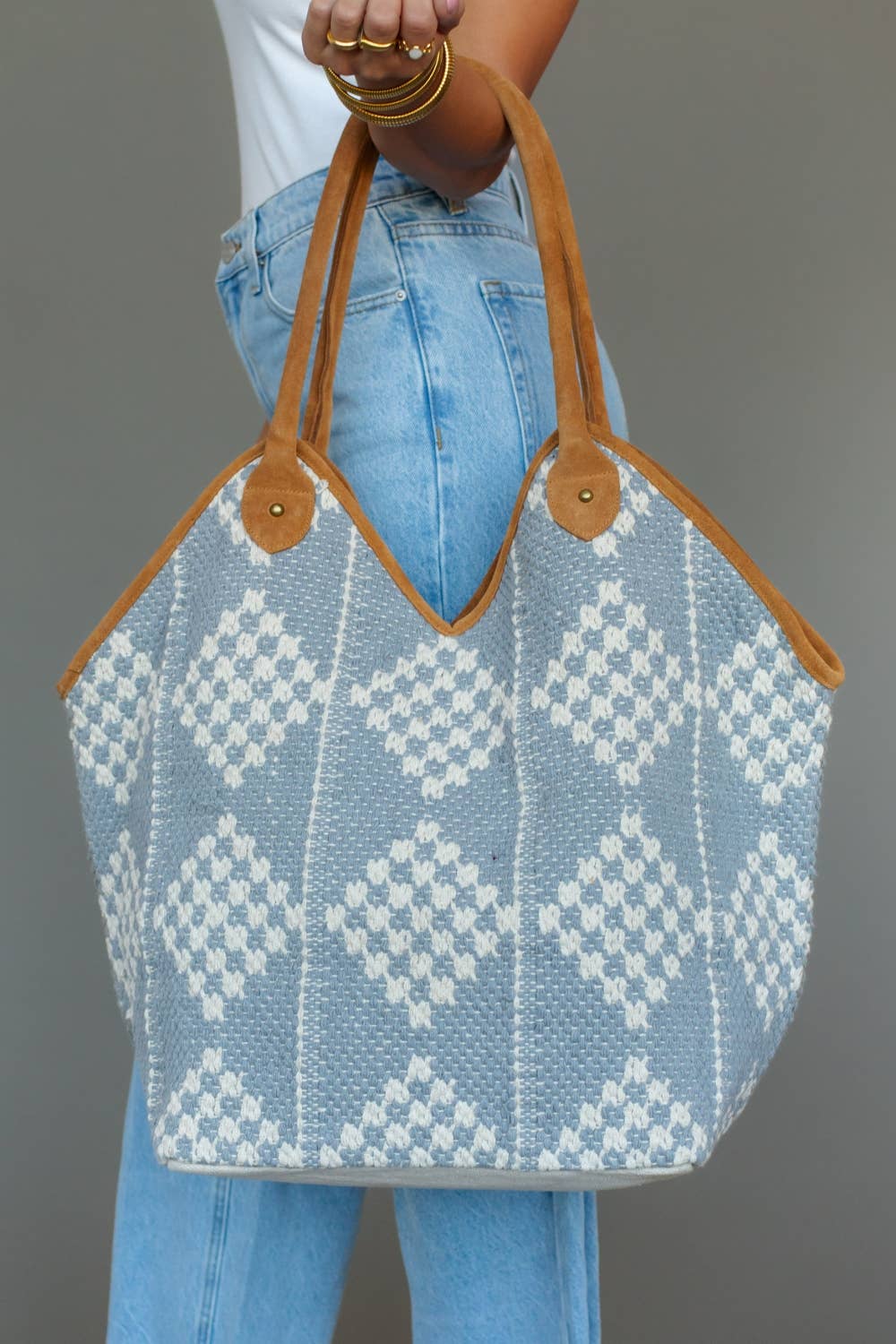Gray & Cream Diamond Pattern Tote Bag