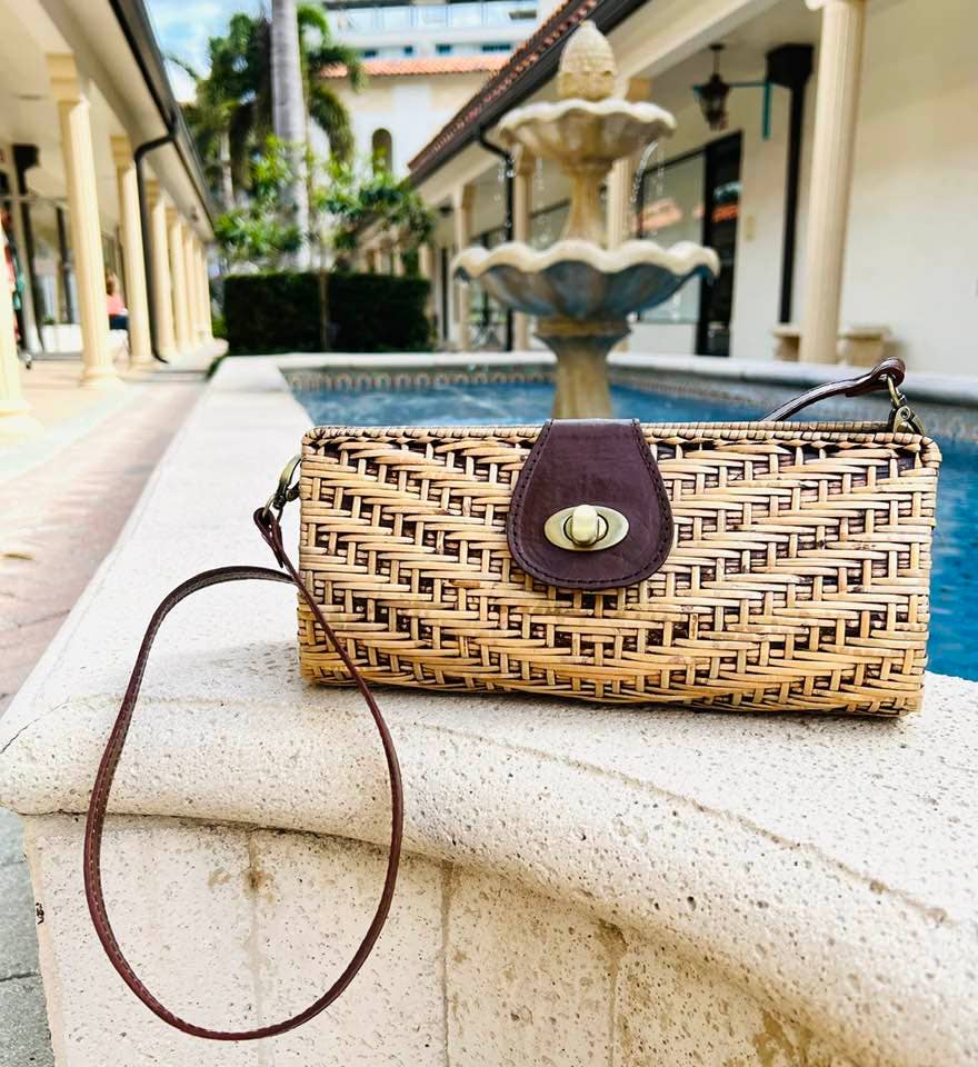 Rattan Convertable Clutch with Removable Leather Strap