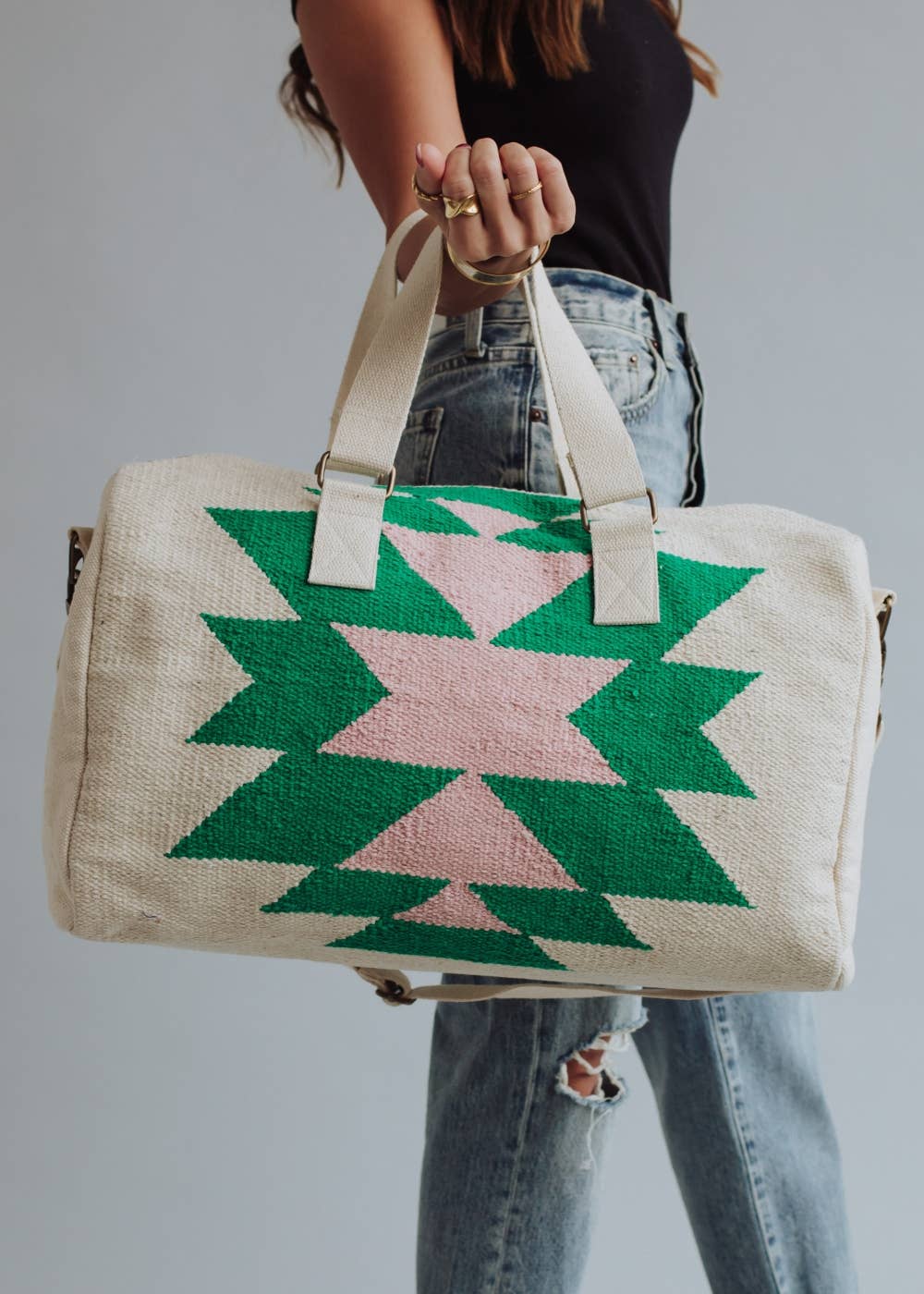 Beige, Green & Pink Aztec Duffel