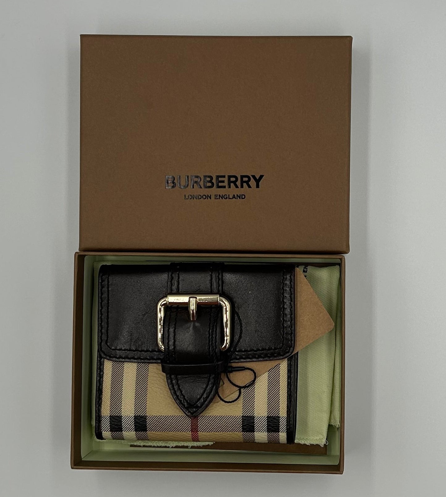 Burberry Nova Check Compact Wallet Brown Leather Buckle Coin Purse w/ Box