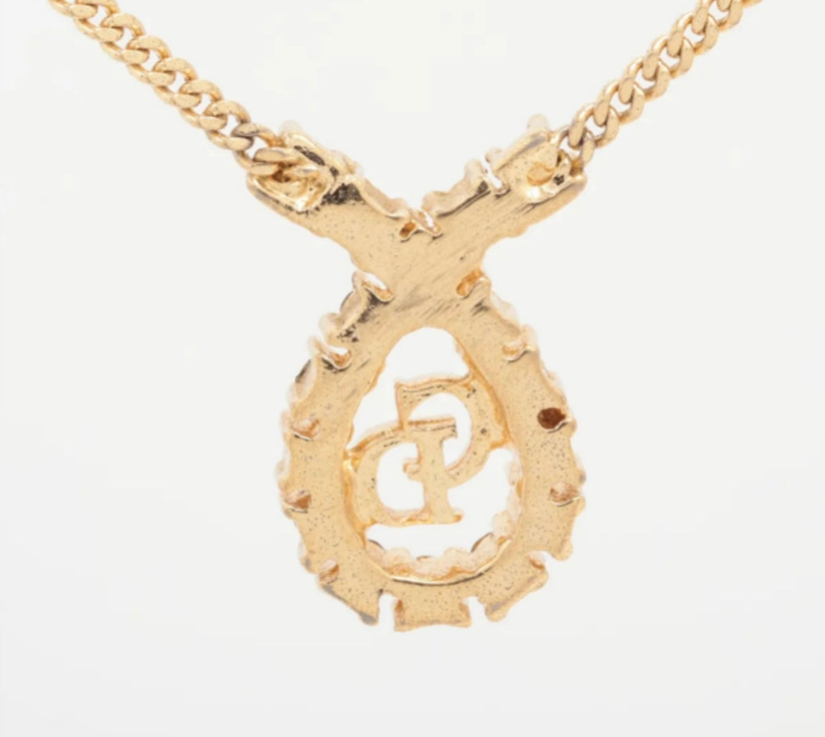 Christian Dior Vintage Rhinestone CD Teardrop Pendant Necklace