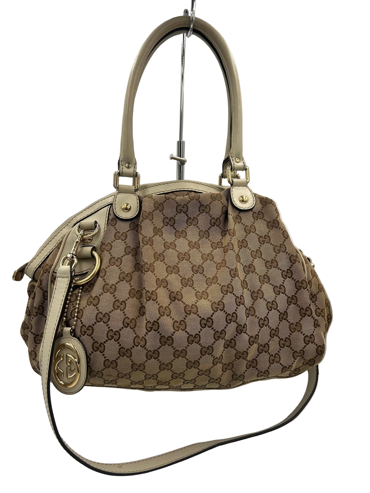 Gucci Sukey Medium GG Canvas Boston Bag Beige Monogram Leather Trim Shoulder Strap