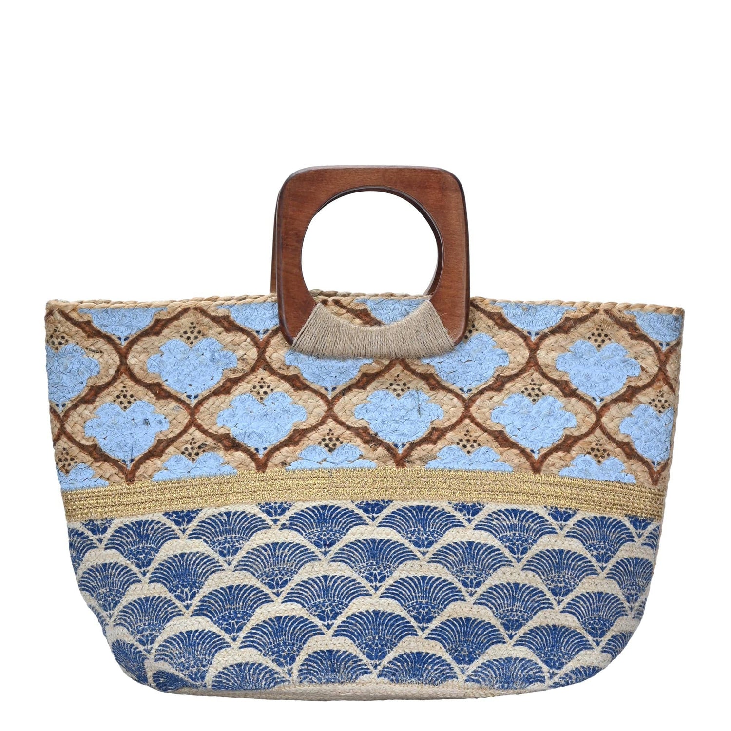 Handmade Tropical Boho Jute Tote Bag with Wooden Handles