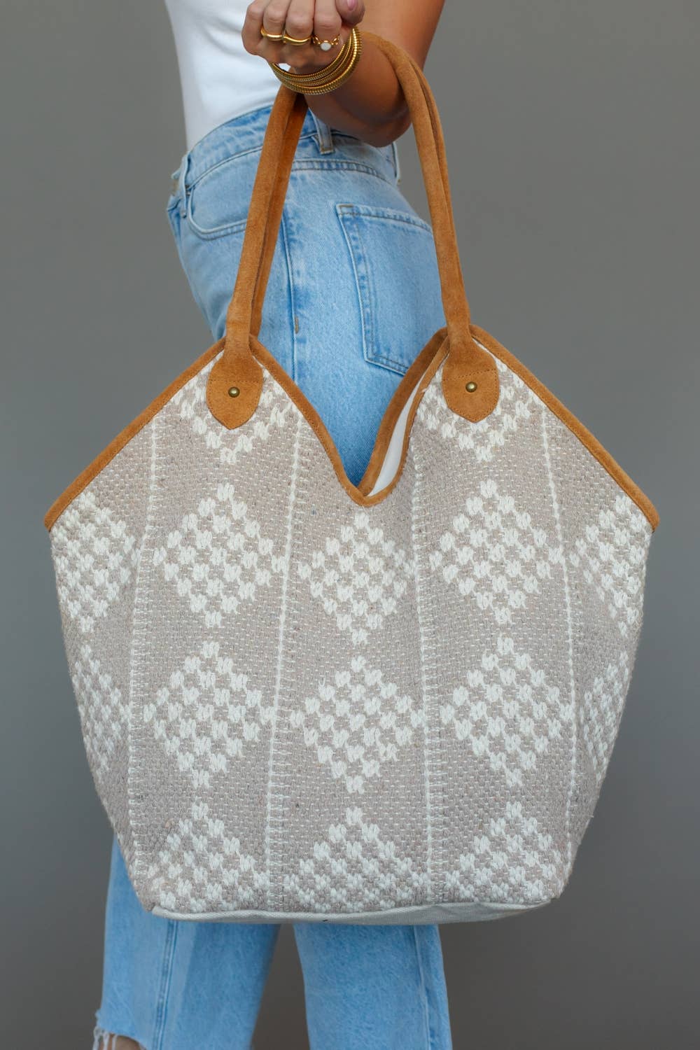 Beige & Cream Diamond Pattern Tote
