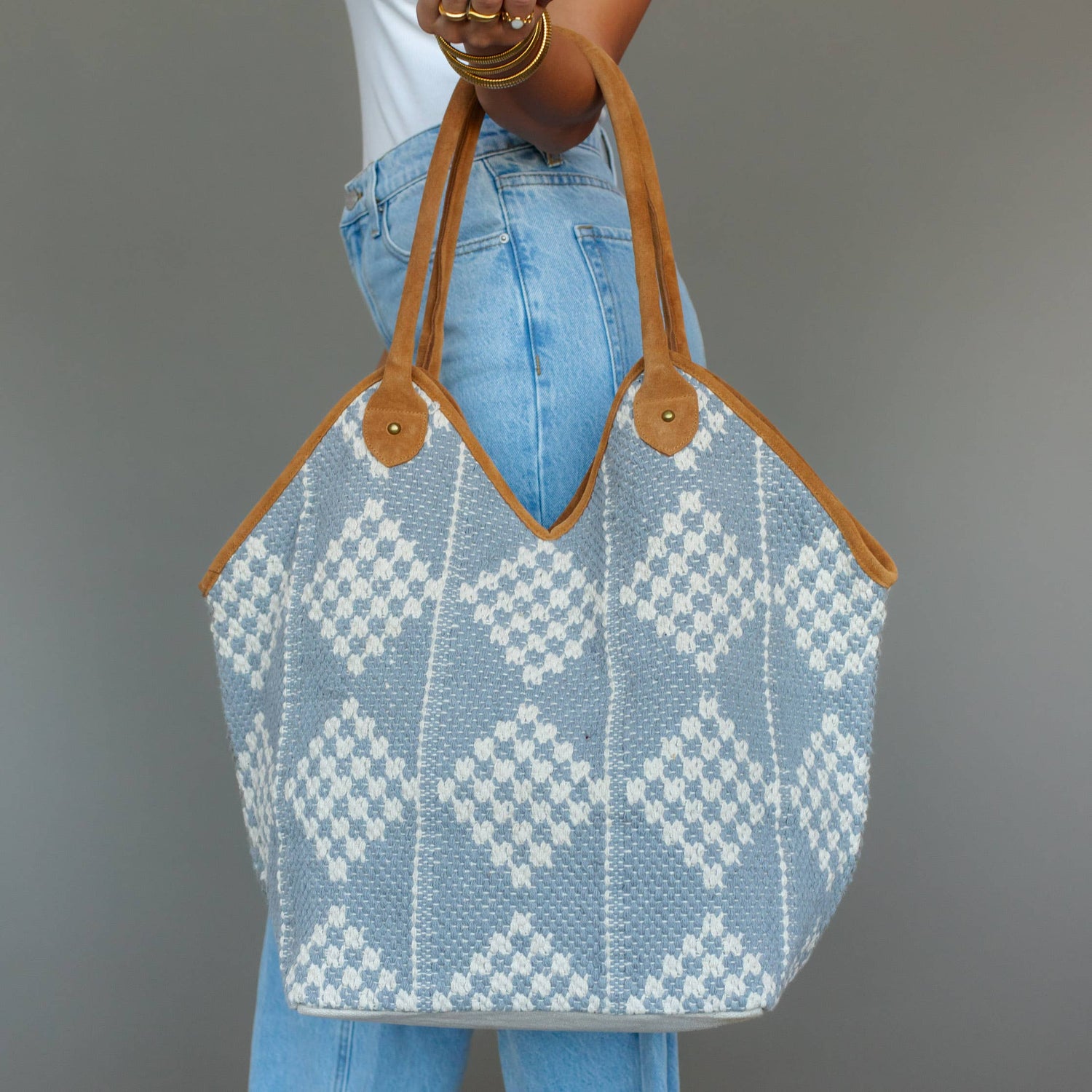 Gray & Cream Diamond Pattern Tote Bag