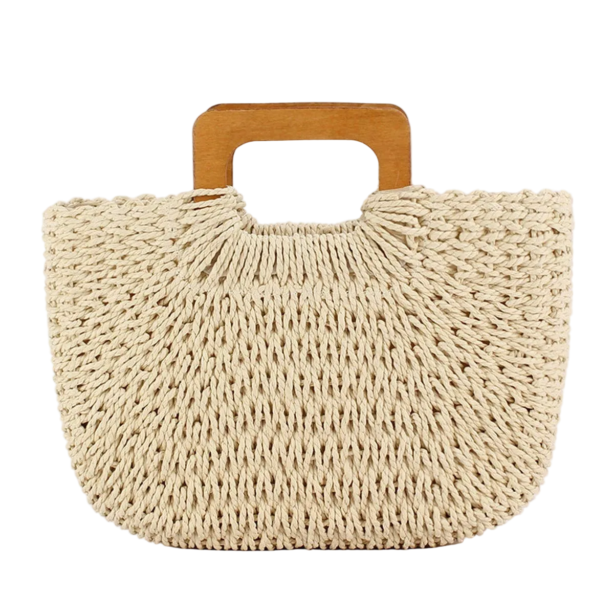 WOODEN HANDLE CASUAL SIMPLE PAPER ROPE WOVEN BAG