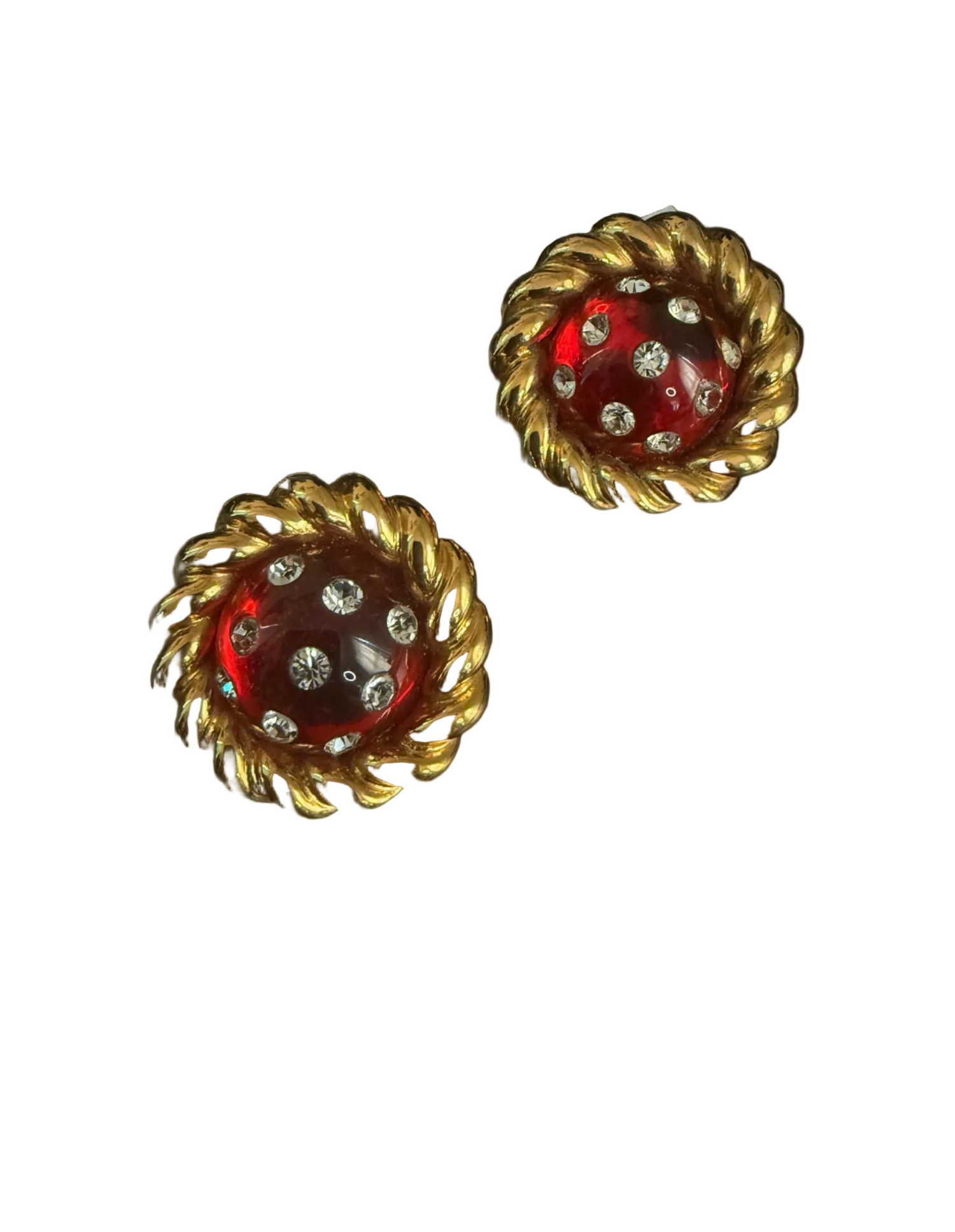 Chanel Vintage 1990 Gripoix Red Glass & Rhinestone Clip-On Earrings – 24k Gold Plated