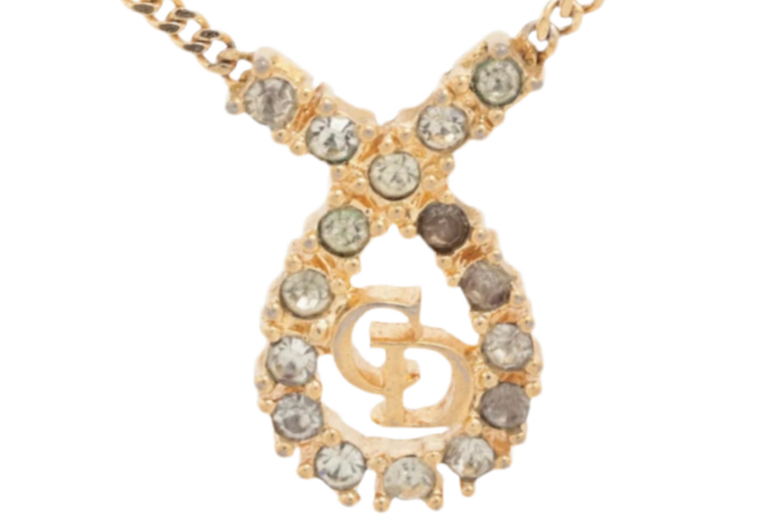 Christian Dior Vintage Rhinestone CD Teardrop Pendant Necklace