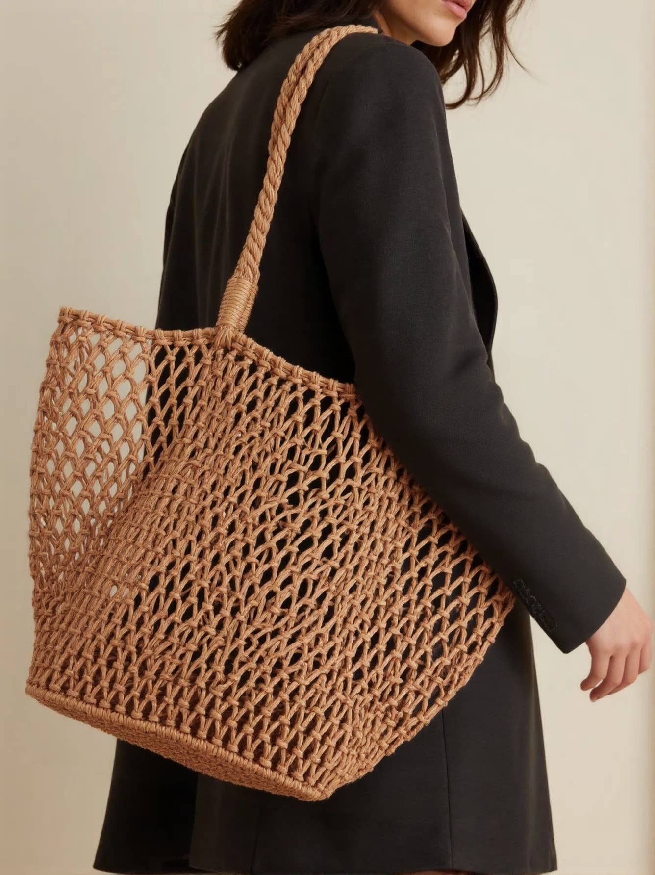 Woven Cotton Shoulder Beach Bag, Hollow