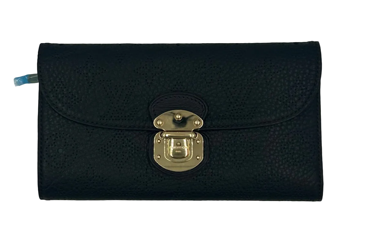 Louis Vuitton Amelia Wallet – Black Mahina Leather with Push Lock Closure